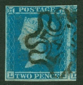 SG 14f 1841 2d blue plate 3. Very fine used with a number '4' in Maltese cross..