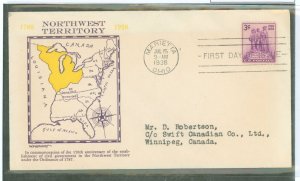 US 837 1938 3c Northwest Territory /150th Anniversary (single) on an addressed (typed-to Canada) FDC with a Grandy cachet