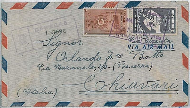 BIRDS --- VENEZUELA -  POSTAL HISTORY - REGISTERED AIRMAIL COVER to ITALY - 1950