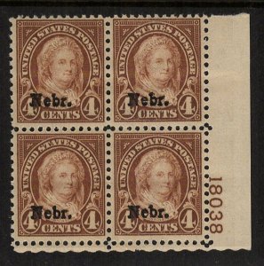 Cottonfield Stamps: U.S. 673  4c Nebraska O.P.  Plate Block M, og, LH (cv$275.)