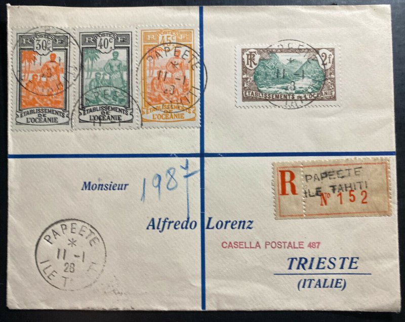 1928 Papeete Tahiti Registered Cover to Trieste Italy Sc# 53