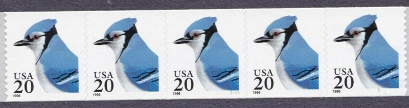 3053  20c Blue Jay SA Coil P# S11111 Strip of 5 Mint NH OG