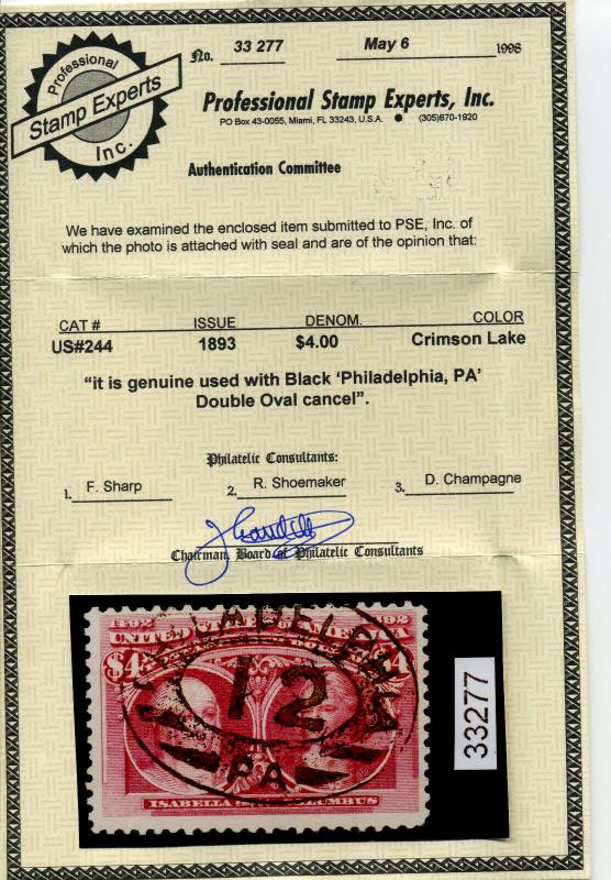 Scott #244 Columbian Used Stamp with PSE Cert  (Stock #244-15) 