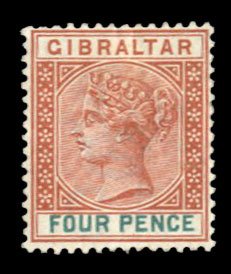 Gibraltar #17 Cat$21, 1898 4p orange brown and green, hinged