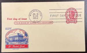 UX43 Fluegel cachet Postal Card 2 c Abraham Lincoln  FDC 1952