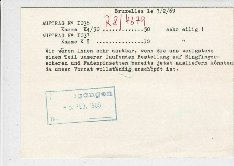 Belgium 1969 Salon des Vacancies Slogan Commercial Order Stamps Card Ref 25468