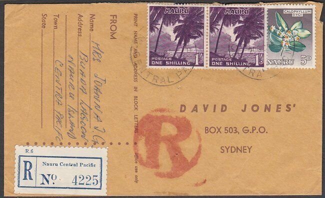 NAURU 1965 2/5d rate registered cover to Sydney - mixed issues..............M589