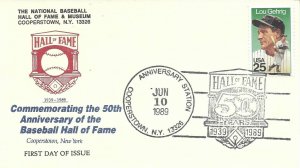 1989 FDC, #2417, 25c Lou Gehrig, neat cachet w/HOF fancy cancel - #1