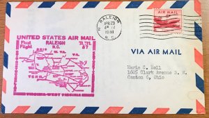 US C33 First Flight Cover FFC AM 87 Raleigh NC to Roanoke VA 4/23/1948 L19