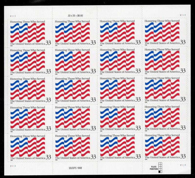 # 3331 Honoring Those Who Served ¢33 Sheet  MNH 