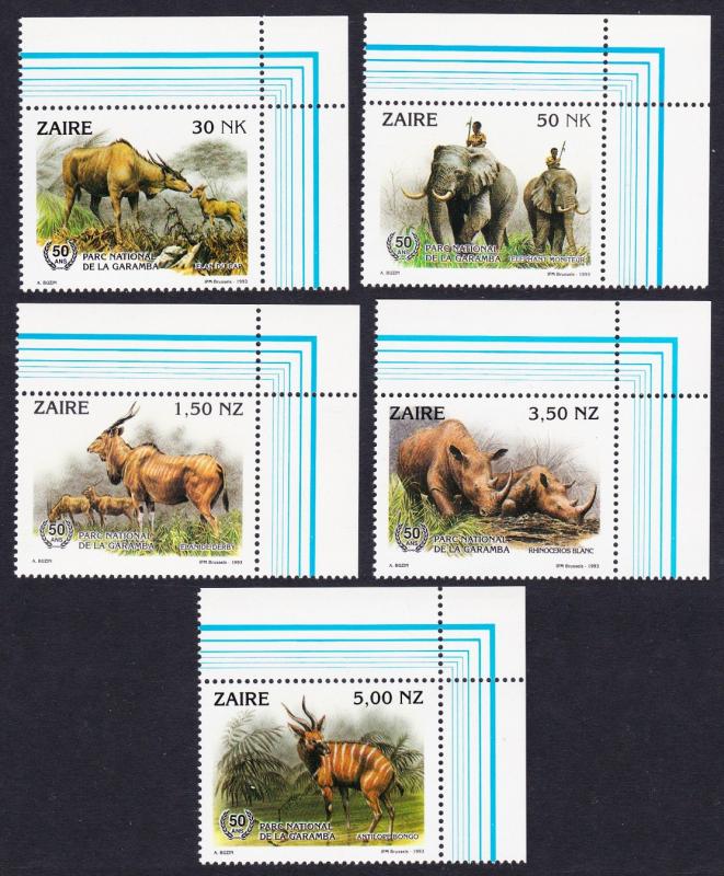 Zaire Wild Animals 5v Top Right Corners with margins SG#1412-1415 SC#1403-1407