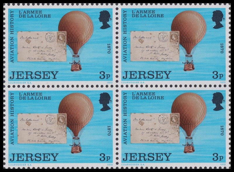 Jersey 89 Aviation History L'Armee De La Loire 3p block (4 stamps) MNH 1973