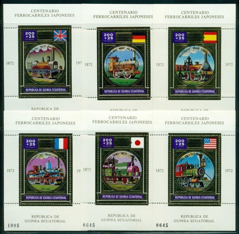 Equatorial Guinea Michel BLK 33-38A MNH Gold 1972 Centenary Japanese Railways Tr