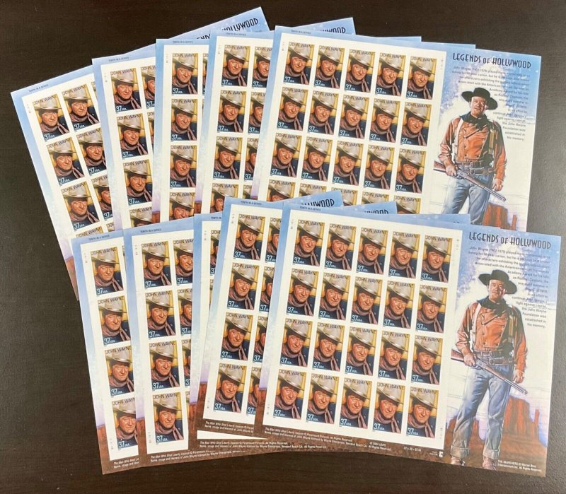 3876 John Wayne, Legend of Hollywood Lot of 10 MNH 37 c Sheets of 20 FV $74