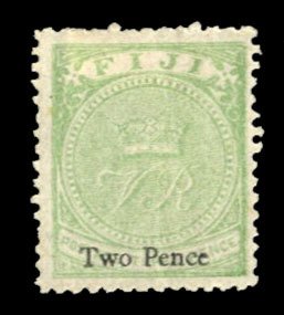 Fiji #34 Cat$60, 1876 2p on 3p green, hinged