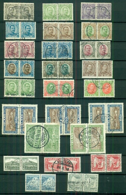 ICELAND, Pairs & Blocks, mostly 1900-1930's, used, Scott for singles $1,812