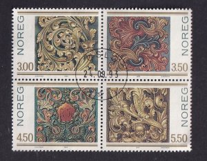 Norway #1046a-d  used  1993   stamp day   carvings block of 4 from sheet