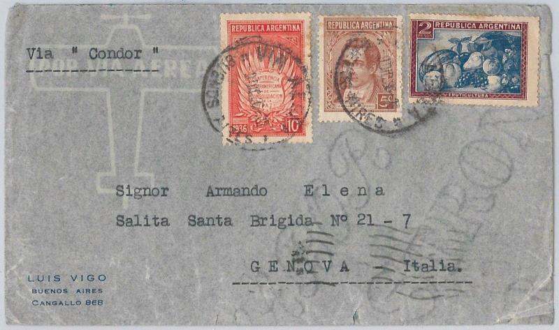 ARGENTINA - postal history - AIRMAIL COVER  Via condor to ITALY - 09.12.1936