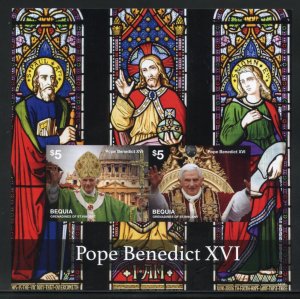 SPECIAL BEQUIA POPE BENEDICT XVI  STAINED GLASS  IMPERF SHEET & S/SHEET  MINT NH