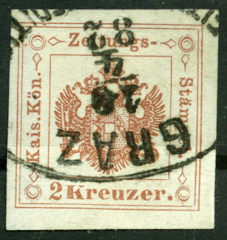Austria, 1859 NEWSPAPER FISCAL STAMP Mi.#4, 2Kr brown, extra wide cut.