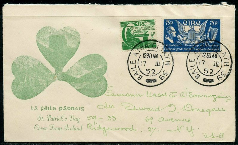 IRELAND 1952 ST. PATRICK'S  DAY COVER TO NEW YORK