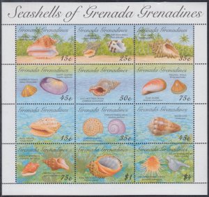 GRENADA GRENADINES Sc #1548a-l - CPL MNH SHEET of 12 DIFF SEASHELLS