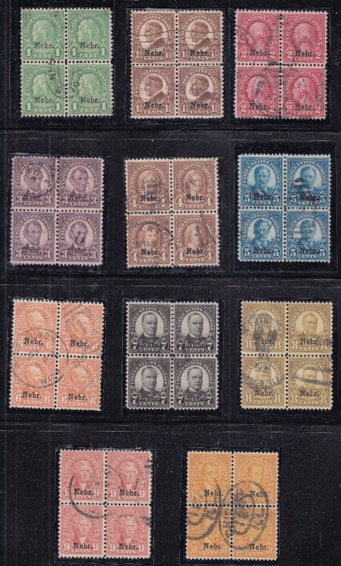 US 658-679 Kansas-Nebraska Overprints Complete Used Blocks of 4 VF SCV $1357