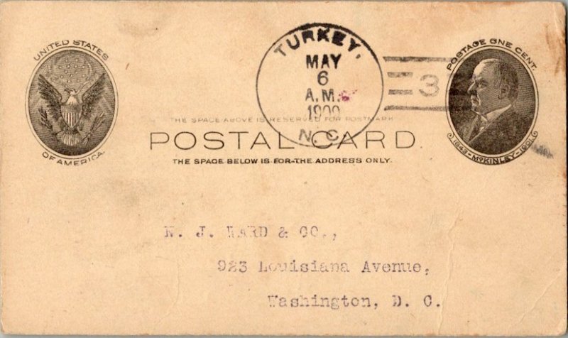 United States North Carolina Turkey 1909 doane 3/3  Postal Card  Small crease...