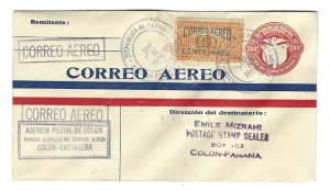 PANAMA 1929 FIRST FLIGHT UPRATED POSTAL COVER COLON TO CARTAGENA