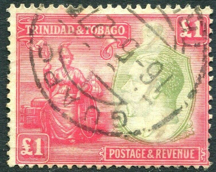 TRINIDAD & TOBAGO-1922-28 £1 Green & Bright Rose Sg 229 GOOD USED V28989