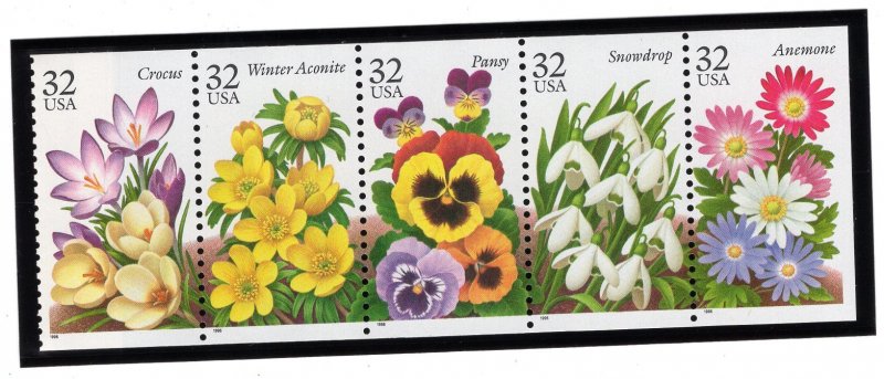 3025-3029 Garden Flowers, MNH pane/5 w/mount