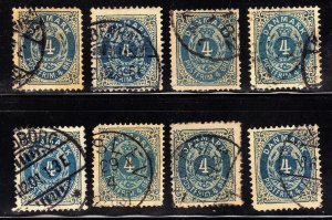 DENMARK SCOTT# 26  4o 1875-79 LOT OF 8