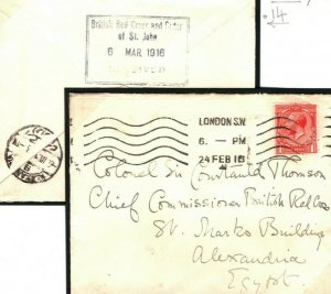 GB WW1 Covers {2} Addressed Courtauld-Thomson RED CROSS Chief Egypt 1916 38e.14