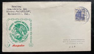 1951 Manzanillo Colima Mexico Navy Department Cover to Milwaukee WI USA