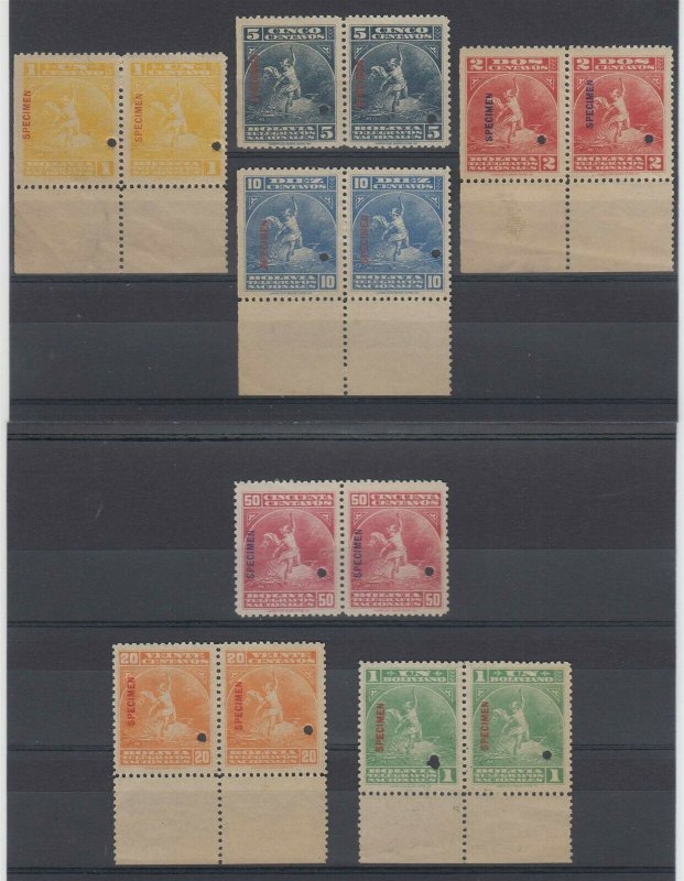 BOLIVIA 1901 TELEGRAPH UNISSUED Hiscocks 1-7 FULL SET IN PAIRS SPECIMEN NH FVF 