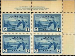 Canada Scott #C9 VF/NH Plate Block-Well centered - Plate #1