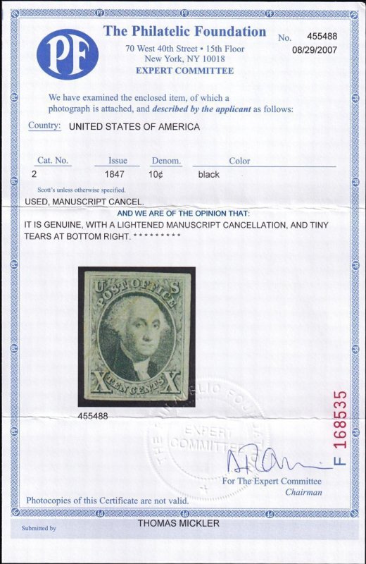 US #2 Used Single,  With Cert.