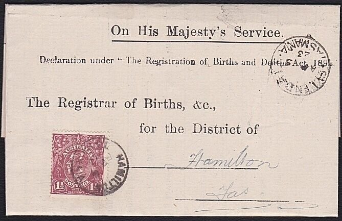 TASMANIA 1923 Birth notice ELLENDALE cds to Hamilton T perfin GV 1½d.......B1777