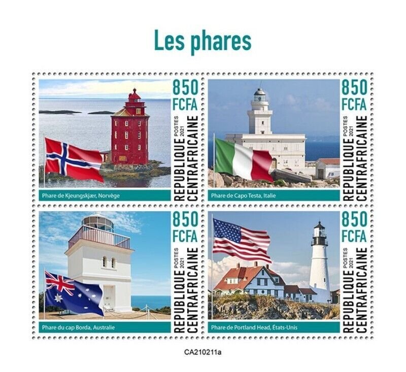 Central Africa - 2021 Lighthouses and Flags - 4 Stamp Sheet - CA210211a