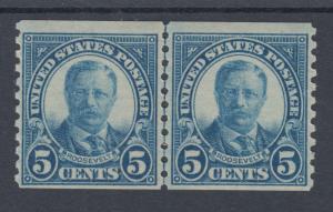 US Sc 602 MNH. 1924 5c dark blue Roosevelt, coil Joint Line Pair, F-VF