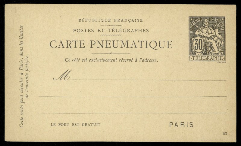 fr004 France Telegraphes Carte Pneumatique Paris 30 centimes black unused