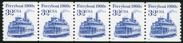 US #2466 32c Ferryboat, PLATE STRIP of 5, plate 5,  VF mint never hinged, Sup...