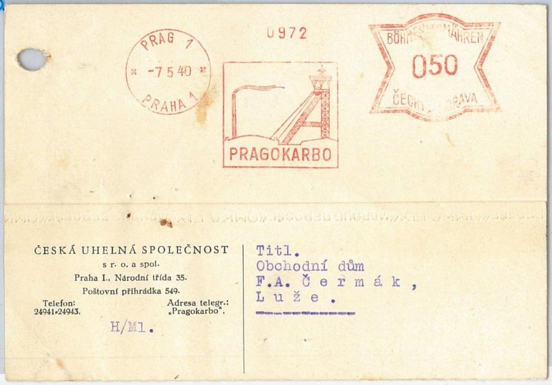 61505  - BOHEMIA MORAVIA - POSTAL HISTORY - RED MECHANICAL POSTMARK on CARD 1940