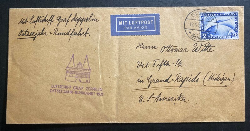 1931 Germany Graf Zeppelin LZ 127 Baltic Flight Cover To Grand Rapids MI USA