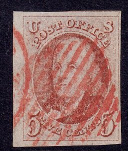 US Scott 1, 1847 Franklin, 5c red brown, VERY FINE USED