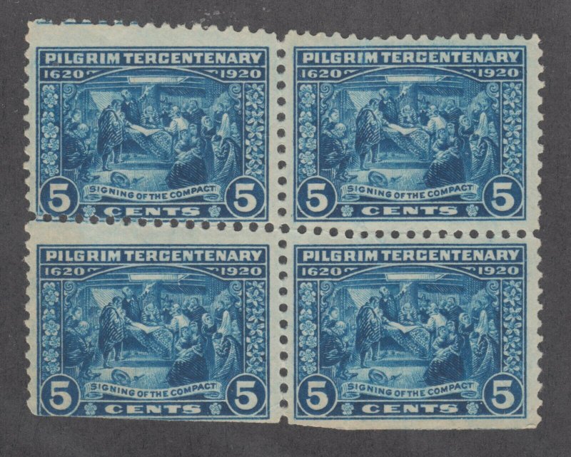 US Sc 550 MLH. 1920 5c blue Pilgrim Tercentenary, MISPERF Block of 4, VF  