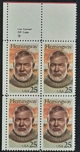 US Scott # 2418; 25c Hemingway block of 4 from 1989; MNH, og; VF/XF centering