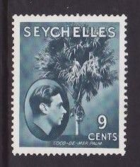 Seychelles-Sc#131- id9-unused og hinged KGVI 9c palm tree-1945-rainbow effect ar
