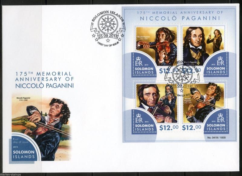 SOLOMON ISLANDS 2015 175th MEMORIAL ANNIVERSARY OF NICCOLO PAGANINI SHEET  FDC