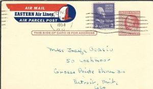 Ponce, Puerto Rico to Detroit 1954 Airmail PC 3c Prexie uprating 2c PC (47918)